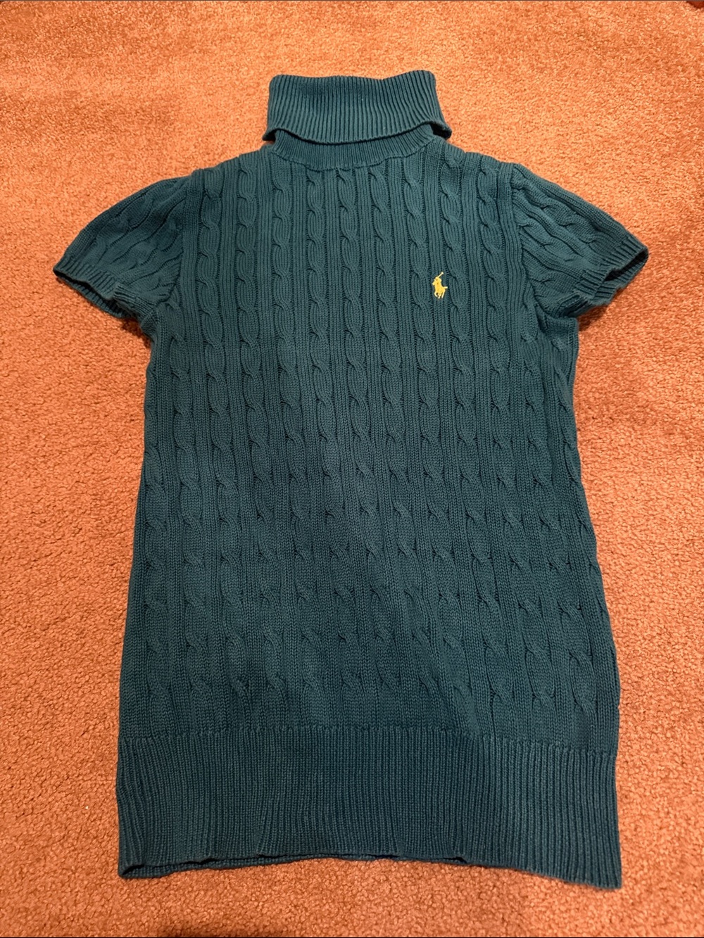 Ralph Lauren Dark Green Cable-Knit Short-Sleeve Turtleneck Sweater Dress